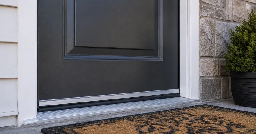 technician replacing worn door weatherstripping in Roches Point, Georgina home