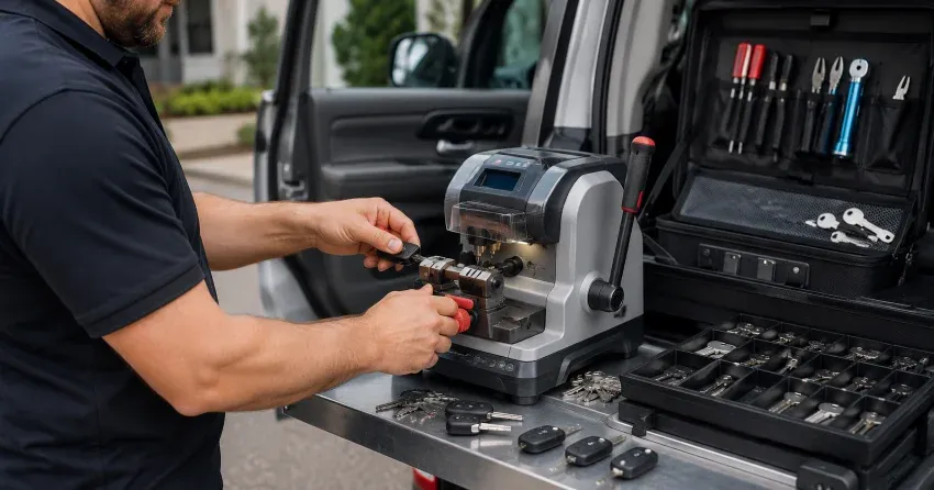 technician cutting a replacement car door lock key in Ravenshoe, Georgina