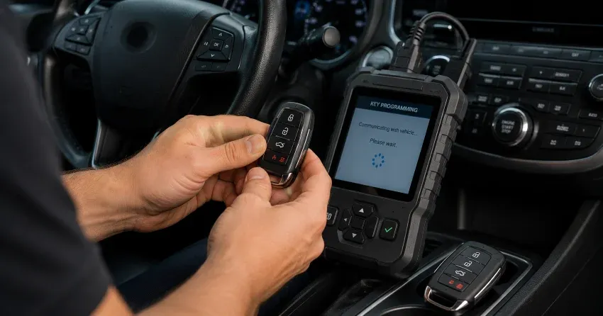 technician inspecting a worn car key before replacement in Jersey, Georgina
