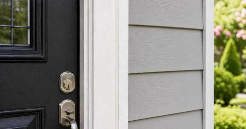 technician inspecting door jamb behind cracked casing in Duclos Point, Georgina home