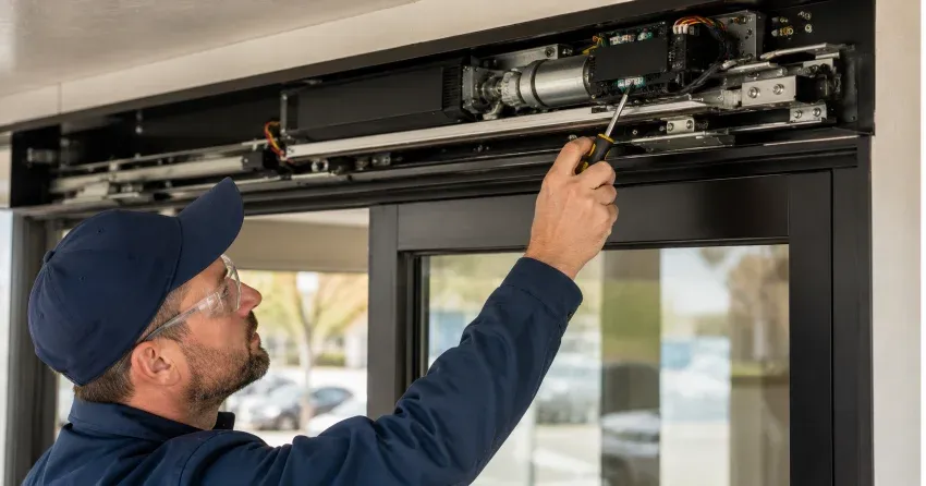 technician completing automatic door repair on residential property in McRae Beach, Georgina