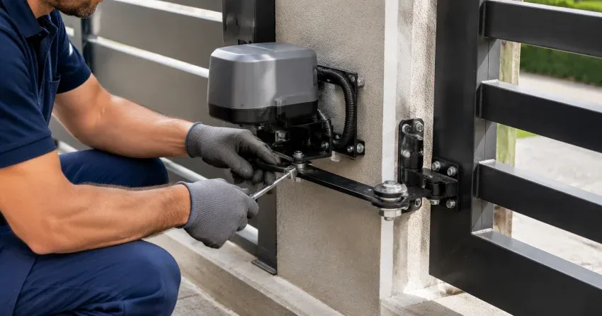 technician diagnosing automatic gate motor and control panel in Jersey, Georgina