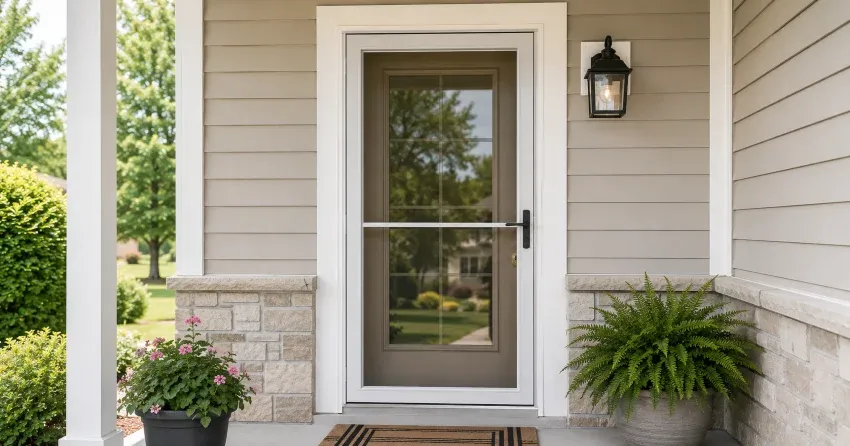 technician hanging storm door square and plumb in Duclos Point, Georgina