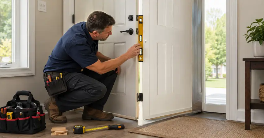 technician diagnosing a misaligned door frame in Duclos Point, Georgina