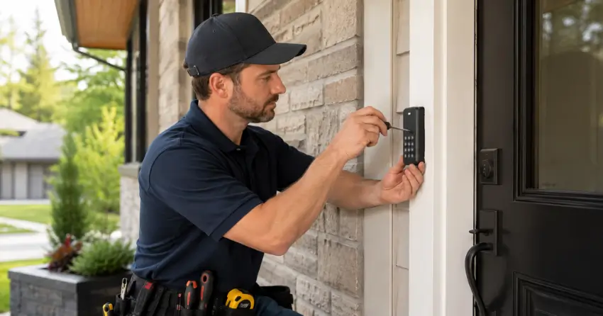 Technician installing an access control system keypad beside a residential front door in Duclos Point, Georgina