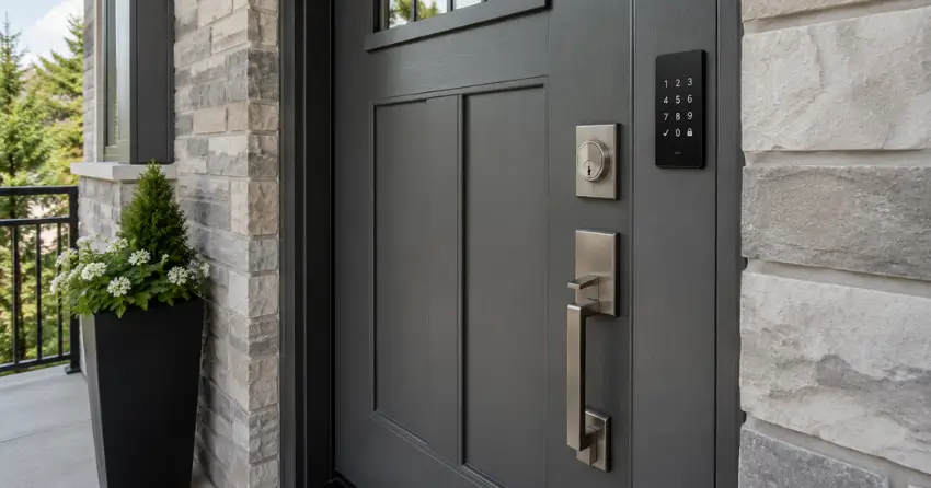 High-security door hardware and access control keypad installed on a residential entry door in Jersey, Georgina