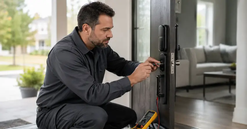 technician diagnosing automatic door lock mechanism on residential door in Ravenshoe, Georgina