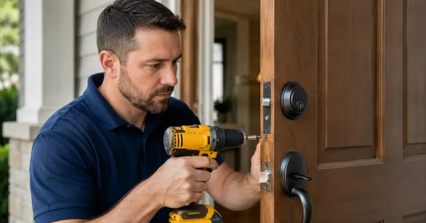 technician installing a new deadbolt during Change Door Lock Egypt, Georgina service