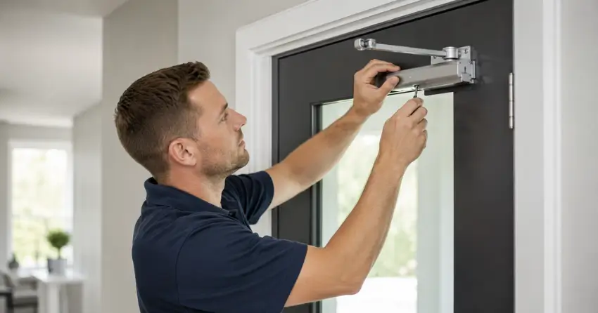 technician adjusting door closer hydraulic valve in Ravenshoe, Georgina home