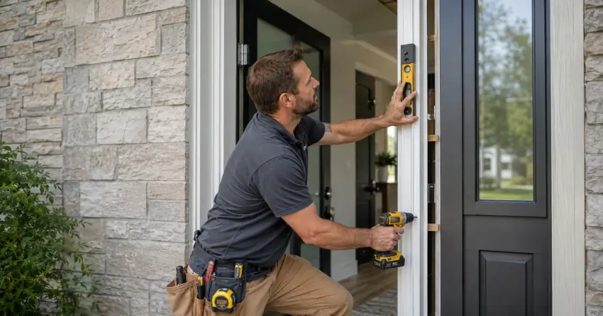 technician installing a new exterior door frame in Georgina
