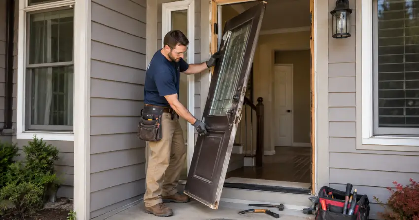 old exterior door being removed for replacement in Keswick North, Georgina