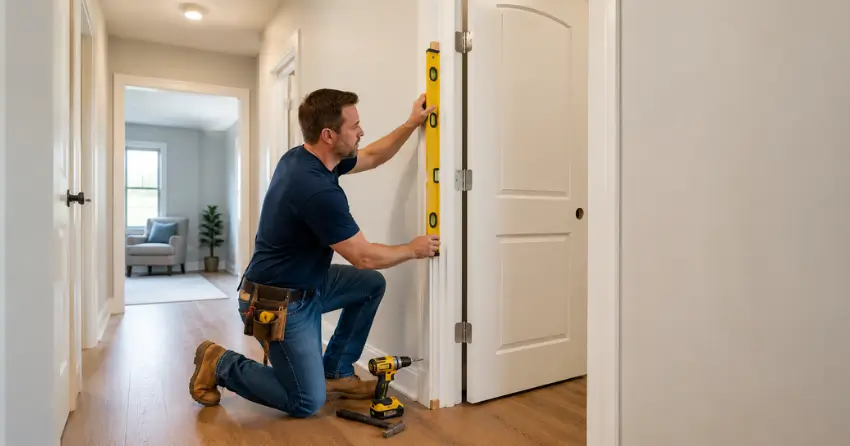 technician installing a pre-hung interior door in a home hallway Ravenshoe, Georgina