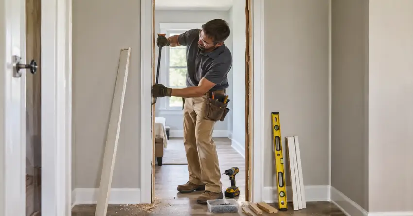 technician removing an old interior door frame during installation Duclos Point, Georgina