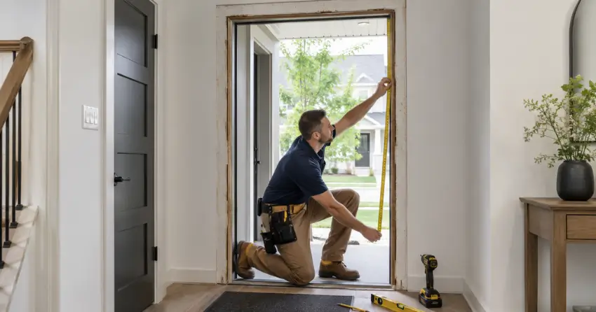 technician measuring a door frame before new door installation in Jackson