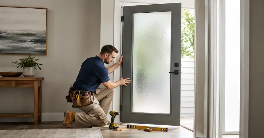 glass panel door installation with frosted privacy glass in residential setting in Keswick North, Georgina