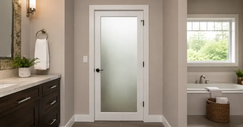 frosted glass panel bathroom door installed in a Ravenshoe, Georgina home