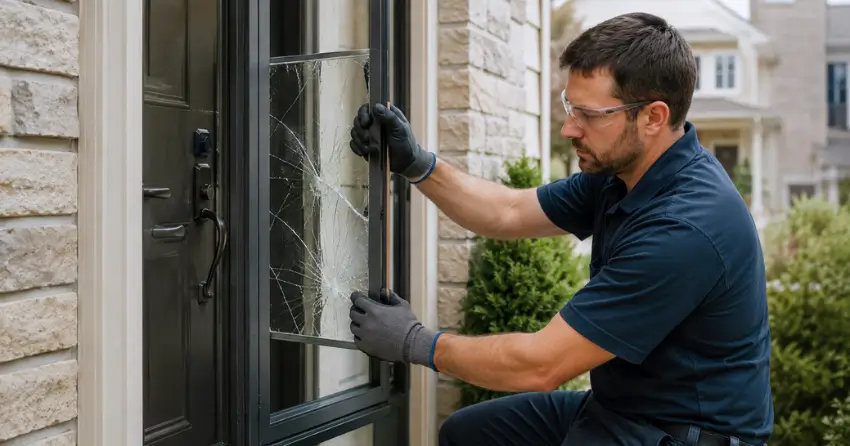 technician removing cracked storm door glass panel in Egypt, Georgina