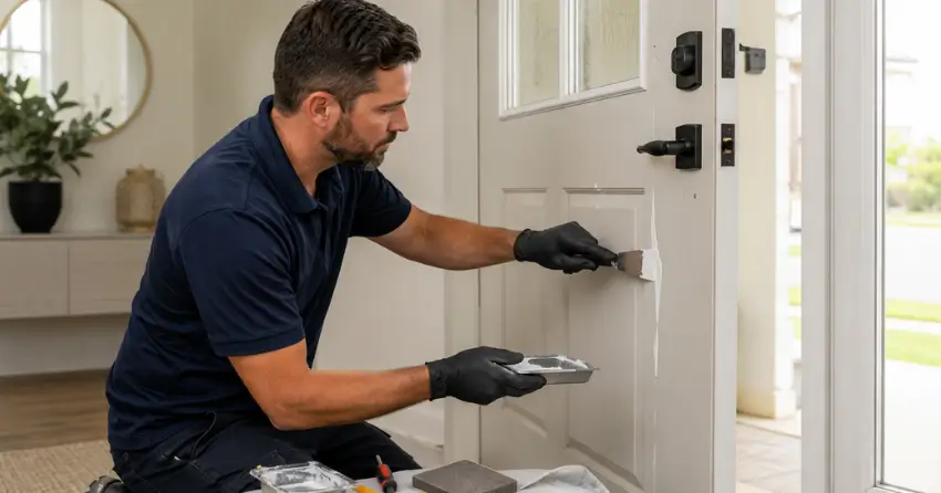 technician repairing fiberglass door surface crack in Ravenshoe, Georgina