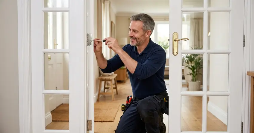 technician adjusting French door hinge for proper alignment in McRae Beach, Georgina