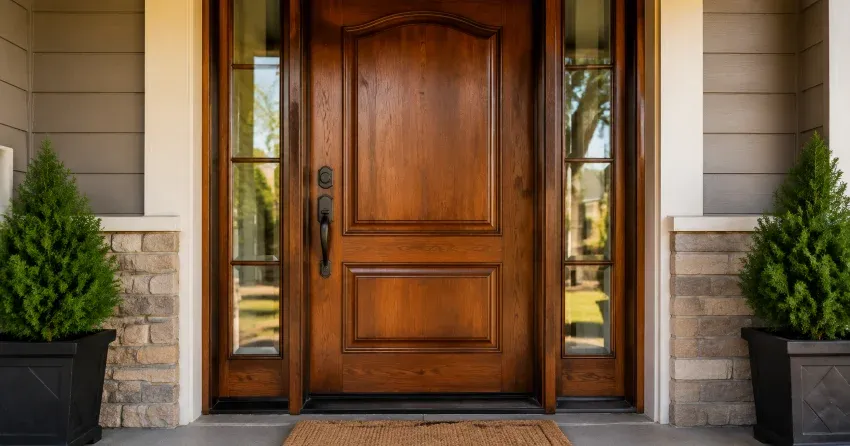 wood door mid-restoration showing stripped bare wood in Jackson