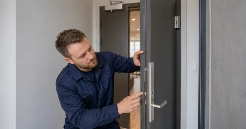 technician inspecting fire-rated door seal and hardware in Ravenshoe, Georgina