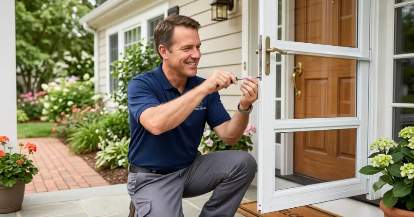 technician adjusting storm door hinge and closer in Jackson